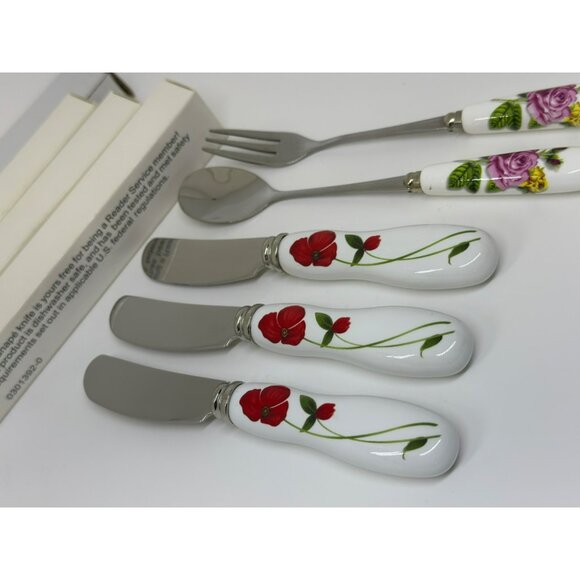 VTG Stainless Steel Porcelain Cheese Knife Spoon Set With Floral Ceramic Handles - Picture 3 of 8